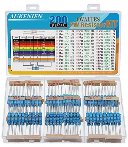 AUKENIEN 2W Resistor Kit 40 Values 200pcs 2 Watt Metal Film Resistors Assortment Kit 1 Ohm to 1M Ohm Fixed Assorted Resistors Pack RoHS Compliant with ±1% Tolerance
