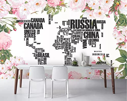 Papier Peint Panoramique Carte Du Monde Anglais Fleur Rose Papier Peint Intissé 3D Murale Tableaux Muraux Tapisserie Salon Chambre