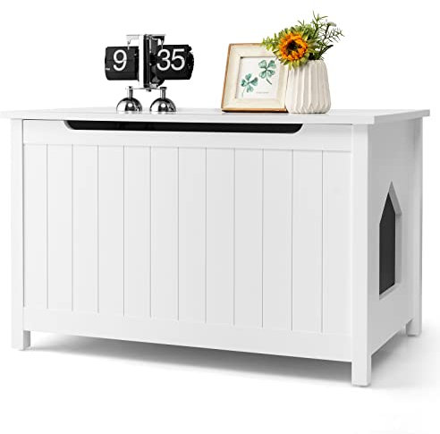 COSTWAY Boîte à litière pour Chat avec Ouverture sur Le Dessus, Séparateur Amovible, Tige de Gaz, Crochets en Métal, Pieds en Bois de Pin, Supporter jusqu'à 50 kg