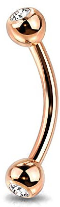 Jewel Barrel Piercing arcade en cristal incurvé en acier anodisé 16 g (1,2 m) 6 mm 8 mm de long Argent Or rose Noir avec boules CZ à double bijou, Acier chirurgical 316