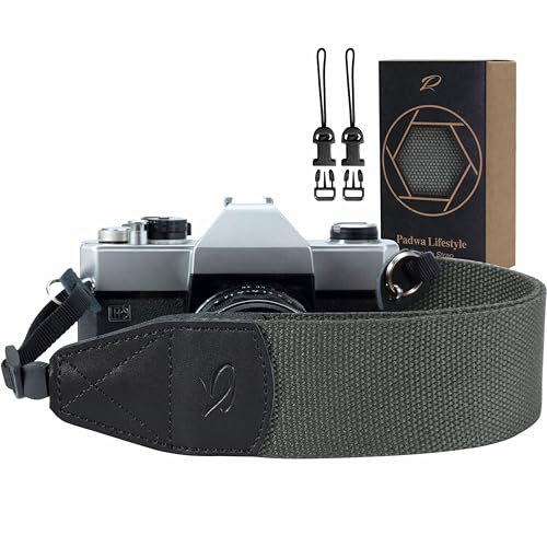 Padwa Lifestyle Grey Camera Strap - 2 inch Wide Cowhide Head Shoulder Neck Camera & Binocular Straps, Vintage Solid Colour Woven Camera Straps for Photographers