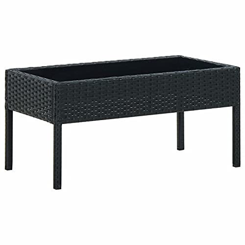 Gartentisch, mit Hartglasplatte und PE-Rattan ummanteltem Stahlrahmen, rechteckiger Beistelltisch für Balkon, Terrasse oder Garten, 75 x 40 x 37 cm, Schwarz