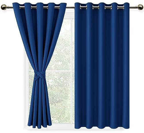 DWCN Vorhange Wohnzimmer Schlafzimmer Gardinen Blickdicht Vorhänge mit Ösen 2er Set, Verdunklungsvorhänge mit Vorhang-Krawatten, Königsblau, 137x167cm(HxB)