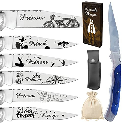 Gravure Events - Couteau Marque Laguiole Bougna personnalisé avec dessin et prénom gravé. Cadeau pour homme : fête des pères, papa, tonton, grands pères (papi, papy) anniversaire, noël (bleu)