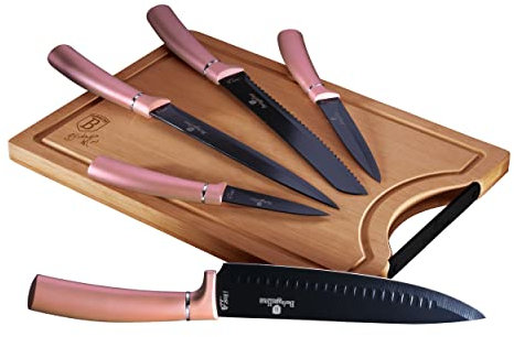 Berlinger Haus I-Rose Juego 5 Cuchillos Cocina Profesional Tabla Cortar Bambú, Hoja Acero Inoxidable Recubrimiento Antiadherente, Cocinero, Cebollero, Pan, Rebanador, Pelar, Diseño Elegante