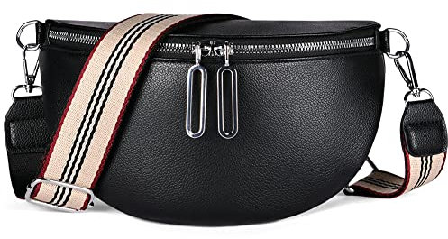 Aucuu PU Leder Crossbody Bag, Bauchtasche Damen, Tasche mit Breitem Schultergurt, Umhängetasche Damen mit Reißverschluss und Abnehmbar Schultergurt, Klein Modern, Schwarz