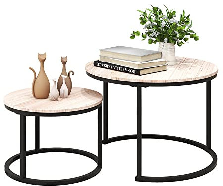 DUMEE Round Coffee Table, Set of 2 Side Table Nesting Table with Steel Frame and Wooden Top, for Living Room, Bedroom, Balcony (White Oak, Dia 60/40cm)