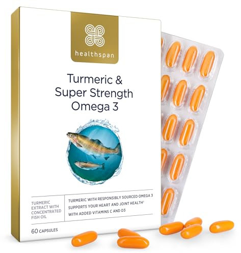 Healthspan Turmeric & Omega 3 | 60 Capsules | Added Vitamin C & Vitamin D3 | Heart, Joint & Bone Health | Sustainably Sourced
