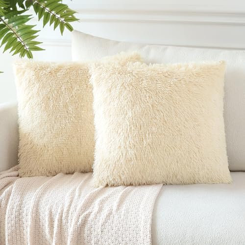 JOTOM 2er Set Kissenbezüge Künstlich Pelz Sofakissen Dekorative Dekokissen Plüschkissen Kuschelig Flauschig Kissenbezug für Sofa 45x45cm Cremeweiß