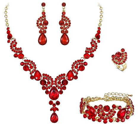 EVER FAITH 4 Stück Schmucksets für Damen Party Hochzeit Braut Strass Kristall floralen Welle Teardrop Halskette baumeln Ohrringe Armband Ring Set Rot Gold-Ton