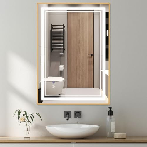 Sanitemodar Miroir de Salle de Bain LED 60x80cm Avec Cadre Doré, Miroir Mural avec Lumières Tricolores, Anti-buée, Interrupteur Tactile