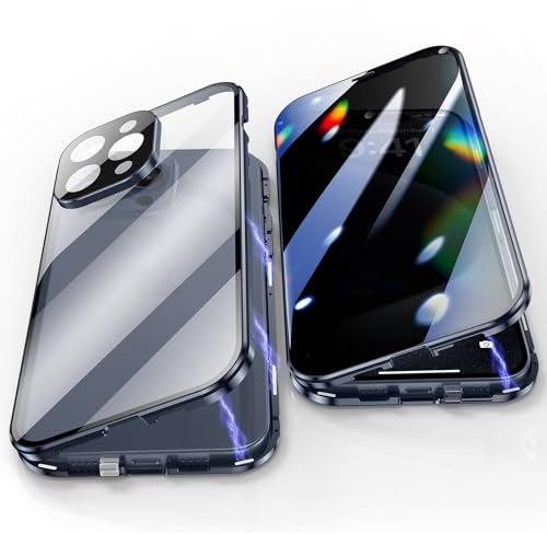 Jonwelsy Anti Peeping Case for iPhone 15 Pro (6.1), 360 Degree Front and Back Privacy Tempered Glass Cover, Magnetic Adsorption Metal Bumper (Blue)