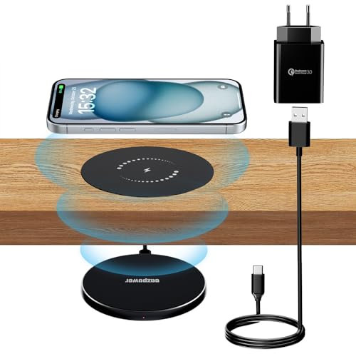 Eazpower Chargeur sans Fil Invisible, Chargeur Induction Encastrable sous Bureau Table 30mm, 10W Wireless Charger Pad De Chargement Station de Charge pour iPhone 15/14/13/12 Series
