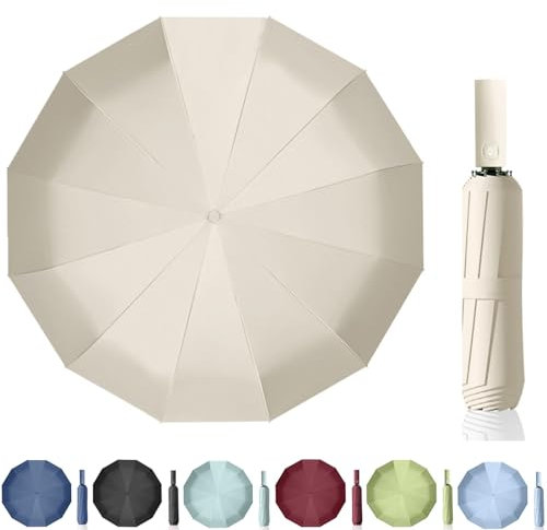 Maibar Parapluie de voyage Automatique Parapluies pliants Compact Protection contre le vent 24-côtes Protection UV Résistant à l'eau Parasols (A-Beige)