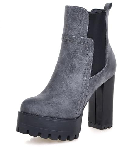 Lroey Reoly Stivaletti da Donna con Tacco Largo, Stivali Chelsea Punta Rotonda Tacco Alto Stivali Corti Senza Chiusura con Plateau, E15906Bl Grigio Numero 48 EU