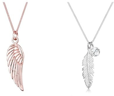 Elli Halskette Damen Engel Flügel Anhänger Symbol Boho Trend in 925 Sterling Silber Rosévergoldet & Halskette Damen Feder Anhänger Boho mit Kristall in 925 Sterling Silber