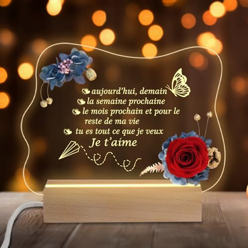 Miofula Cadeau Anniversaire Femme Homme, Rose Éternelle Cadeau Femme Original, LED Veilleuse en Acrylique Idée Cadeau Homme, Fleur Eternelle Cadeau Saint Valentin, Noël, Anniversaire de Mariage