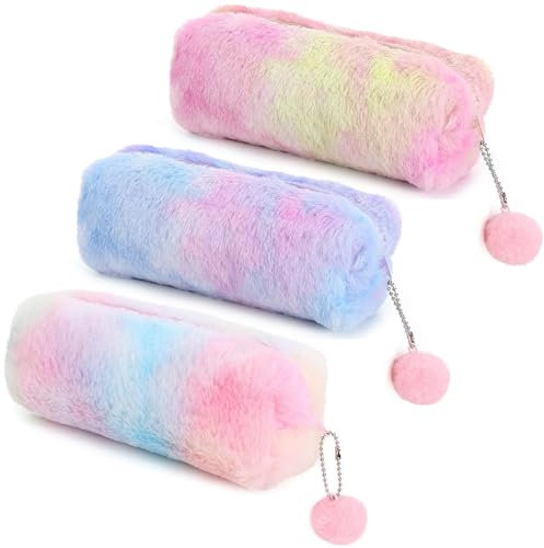 MUNSKT 3PCS Plush Pencil Cases - Soft Fluffy Pencil Case, Rainbow & Unicorn Designs, Cute Plush Girly Stationery Storage Bags for Students (Pink, Purple, Rose)