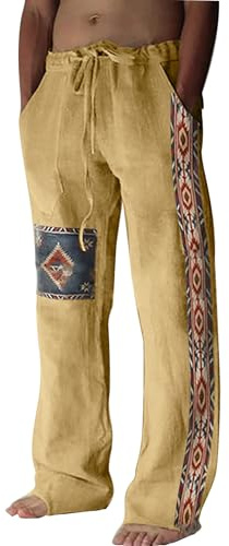 Pantaloni da Uomo Estivi in Cotone e Lino Traspirante Leggeri Larghi Elastico in Vita con Coulisse Stampa Vintage Spiaggia Yoga Jogging Casa Stile Etnico Sottili Taglie Forti S-3XL