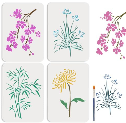 MAYJOYDIY 4pcs Orchid Bamboo Stencil 11.7×8.3inch Large Plum Blossoms Orchid Bamboo Chrysanthemum Stencils with Paint Brush Seasonal Botanical Flower Plant Template for Craft Furniture Fabric