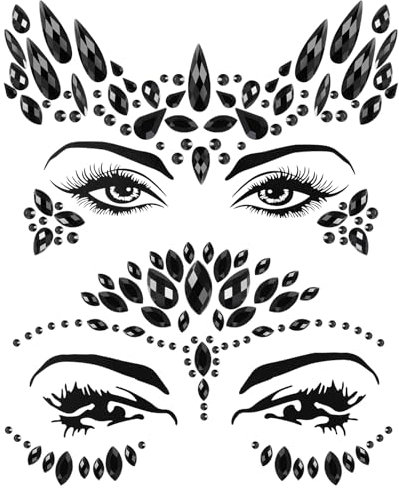 BBTO Halloween Gesicht Edelsteine Körper Juwelen 2 Stück Gesicht Glitzersteine Aufkleber auf Augen Stirn Kristall Strass Tattoos für Maskerade Cosplay Makeup Party, Schwarz (Klassisch Stil)