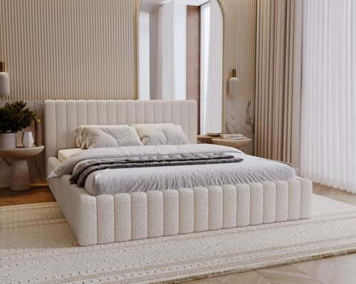 Emporius Billo Polsterbett 200x200cm - mit Lattenrost, Stauraum, Bettzeugkasten, Kopfteil - Bettgestell, Rahmen - Doppelbett - Schlafzimmer, Jugendzimmer - Boucle Creme