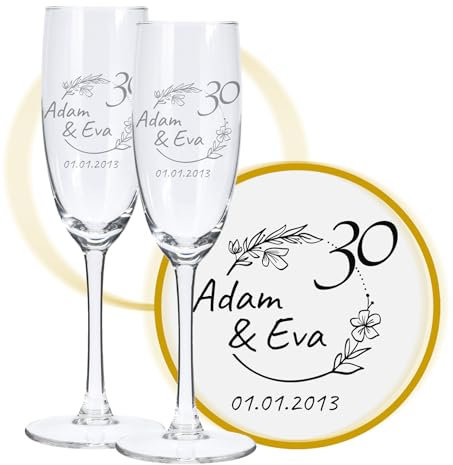 LALALO Sektglas mit Gravur 30. Hochzeitstag (2 St.), Perlen-Hochzeit Sektgläser Geschenk personalisiert/graviert, Jahrestag (Blütenträume)