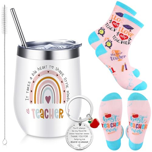 Sinmoe 3 Pcs Best Teacher Appreciation Gifts Set Includes 12 oz Insulated Tumbler with Straw and Straw Brush Keychain Socks Thank You Gifts for Teachers Women Birthday Christmas Teacher's Day