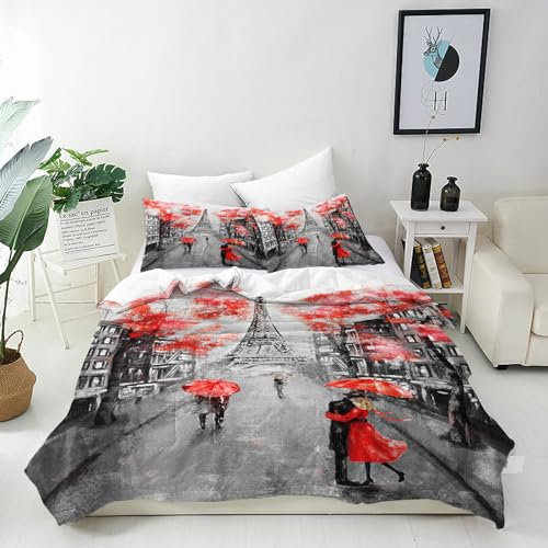 ANHOPE Paris Stadt Eiffelturm Bettwäsche Set 3 Teilig Bettbezug 200x200 cm + 2 Kissenbezug 80x80 cm Weich Microfaser Bettbezüge mit Reißverschluss Bettdeckenbezug Set für Kinder Mädchen