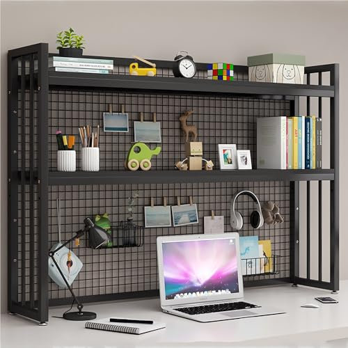 FPIGSHS Adjustable Desktop Bookshelf, 2 tier Countertop Bookcase for Computer Desk，desk hutch shelf unit,office Supplies Organizers rack And Accessories Storage Display shelves (BLACK, 115CM/45.2IN)