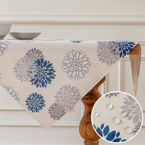 Vorysum Tischdecke Blumen Navy Blau Dahlien Tischwäsche Modern Wasserabweisend Leinen,Dekoration Tischläufer Outdoor Sommer Garten für Hochzeit Esszimmer Party Urlaub Dekor 85 x 85 cm