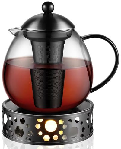 glastal 1500ml Schwarz Teekanne mit Stövchen Teebereiter Glas und Edelstahl Teewärmer Teekanne Suit