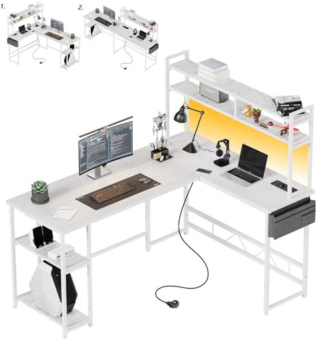 Flamaker Gaming Tisch L Form mit LED 160 x 120cm, Reversibel Schreibtisch mit 2 Steckdosen und 2 USB Ladeanschluss, Eckschreibtisch mit Stall und Lagerregal, Mit Seitentaschen, Weiß