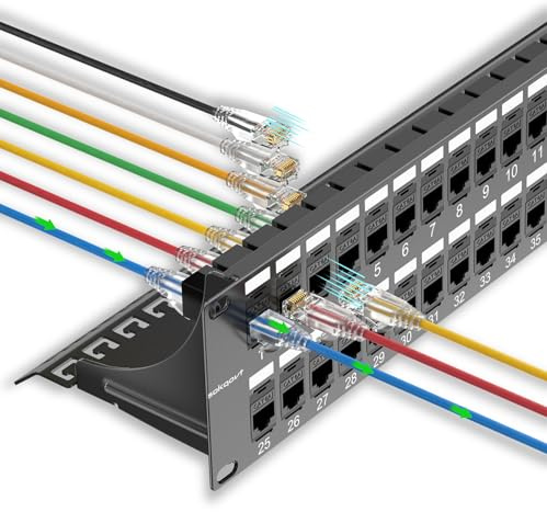 Sokqovt Panneau de brassage 48 ports Cat6a avec coupleur Keystone, panneau de brassage réseau Cat6 10G sans perforation, panneau Ethernet 2U Rj45 gain de temps avec barre arrière robuste, panneau