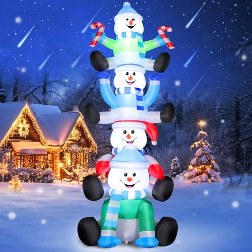 244cm Aufblasbarer Schneemann mit Beleuchtung, 4 Schneemänner gestapelt Große Weihnachtsschneemann, Wasserfeste Urlaubs Gartendekoration für Innen & Außen Weihnachten Hof Terrasse Rasen Party Camping