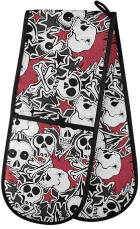 Double Oven Gloves Heat Resistant Funny Skull Double Oven Mitts Pot Holder Heat Protection Oven Gloves for Home Kitchen Baking Cooking BBQ Microwave