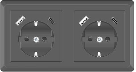 Kaifire USB Steckdose QC 3.0 Schnellladegerät, Schuko Doppelsteckdose mit 2 USB Anschluss und 2 Typ C Grau, System 55 Passt in Standard 2-fach Unterputzdose, Wandsteckdose für Smartphone Tablet MP3