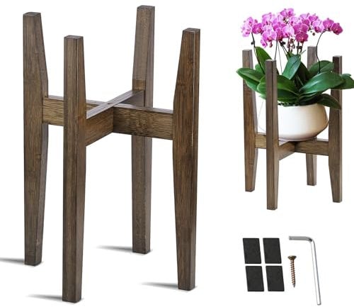 IWTTWY Plant Stands Indoor, Adjustable Wooden Plant Stand, Mid-Century Modern Flower Pot Holder, Fits Pot Size of 20-30 CM, Rustic Planter Rack for Patio Garden Balcony Living Room Bedroom