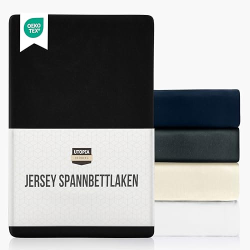 Utopia Bedding Jersey Spannbettlaken, Schwarz, 180 x 200 cm – 25 cm, Bettlaken Baumwollmischung, Oeko-Tex Zertifiziertes, Zuschnitte für Dicke Matratzen