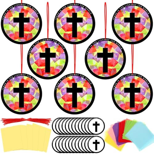 Motipuns 32 Sets VBS Kreuz-Sonnenfänger-Bastelsets, DIY, christliches, religiöses Kreuz, Seidenpapier, Sonntagsschule, Bastelset, Buntglas-Effekt, Seidenpapier-Set für Ostern, Fastenauferstehung