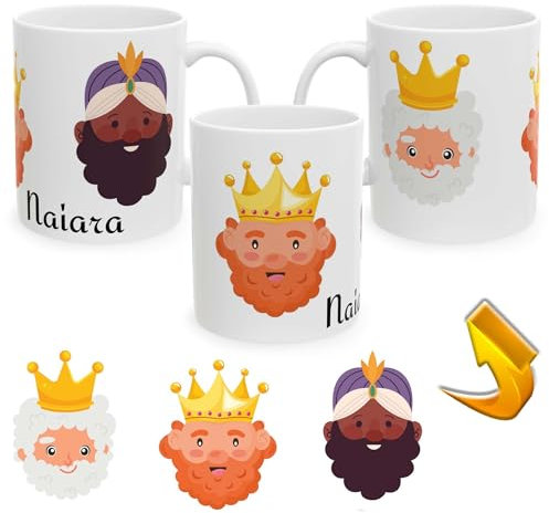 CREATIVASS Taza personalizada con nombre para Navidad y Reyes Magos Diseño Original Regalo Navidades Fiesta Melchor Gaspar Baltasar Renos Papa Noel Elfos 24 modelos (REYES4)