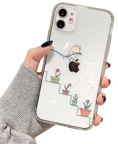 Bakicey für iPhone 15 Hülle für iPhone 15 Transparent Dinosaurier Muster Weiche Silikon Handyhülle Fallschutz TPU Schutzhülle Case Cover für iPhone 15,Katze Gießt Blumen