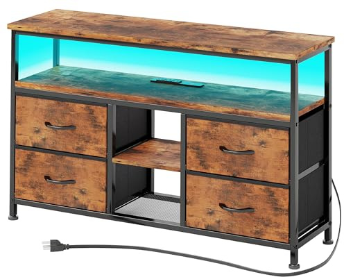 VERMESS 43 TV Stand, TV Cabinet with Power Outlets & LED Light, 4 Fabric Drawers TV Unit for TVs Up to 55 inch, Entertainment Center for Living Room, Bedroom, Vintage