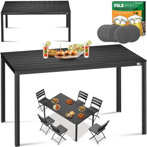 KESSER® Gartentisch 156x78cm für bis 6 Personen Esstisch Wetterfest & UV-Beständig | Outdoor Tisch mit pulverbeschichteter Stahl-Gestell & Kunststoff Tischplatte in Holz-Optik inkl. 6 Filz-Untersetzer