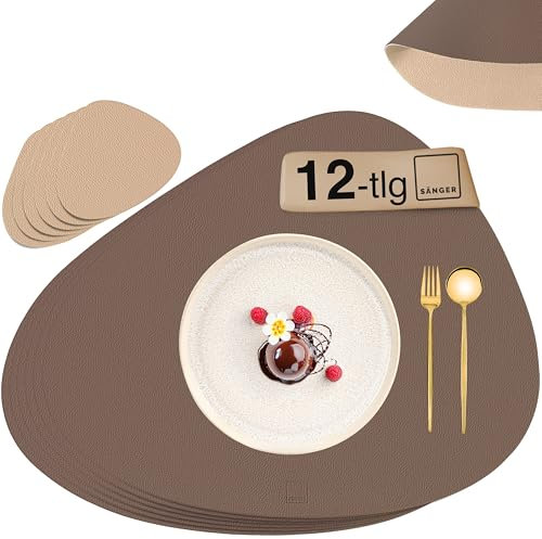 SÄNGER | Untersetzer & Platzsets abwaschbar aus Kunstleder 12 teilig, Platzdeckchen Tischuntersetzer für 6 Personen-rutschfest doppelseitig wasserdicht- Tischset Untersetzer Braun Beige 44 * 37cm