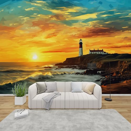 PaxGloz Fototapete Leuchtturm Tapete Sonnenuntergang Am Meer Tapeten Vliestapete Modern Wandtapete Wohnzimmer Schlafzimmer Kinderzimmer Wanddeko Motivtapeten 368 x 254 cm (B x H)