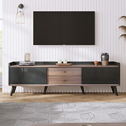 LERFAN Meuble TV avec 2 tiroirs - Meuble TV bas avec 2 portes coulissantes - Texture exquise - Noir et couleur bois naturel - 58 x 160 x 40 cm (H x L x P)