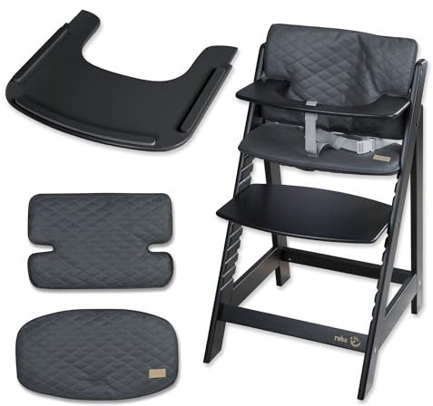 roba Sit Up Flex Babyhochstuhl Holz, Schwarz – Mitwachsend ab 6 Monaten bis 70 kg, inkl. Sitzverkleinerer „Sit Up Luxe“ Graphite & Essbrett, verstellbares Sitz- & Fußbrett