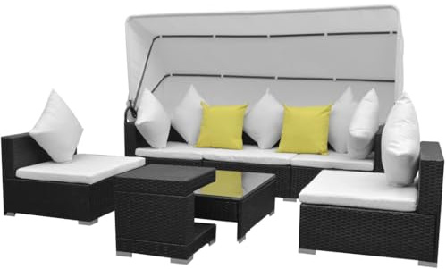 Mandloder 7-TLG. Garten Lounge Set, Modulares Poly Rattan Sofa mit Sonnendach, Schwarz, Inkl. Couchtisch, Cremeweiße Kissen, Outdoor Möbel für Terrasse & Balkon