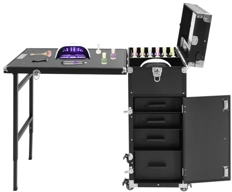 Nageltisch Maniküretisch, Maniküre Tisch Rollbar mit Spiegel und Bluetooth Lautsprecher, Klappbar Make-up-Zug Koffer, 4 Schubladen, 50kg Tragkraft, für Zuhause, Salon, 57x38x68cm, Schwarz